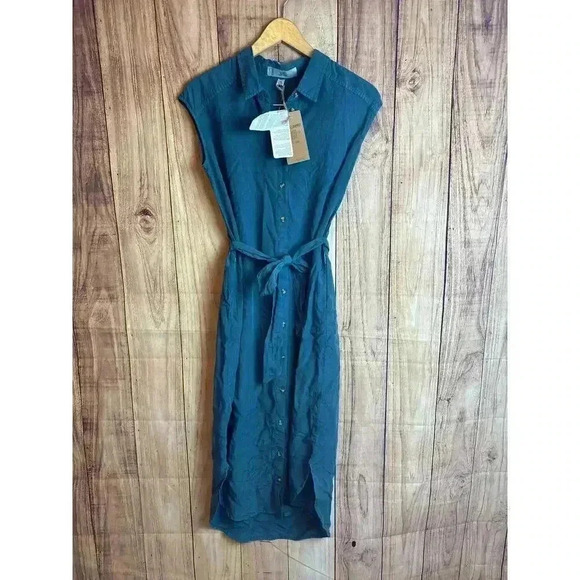 Thread & Supply High-Low Midi Button Down Dress with Pocket Dark Teal Size S NEW - Picture 2 of 9